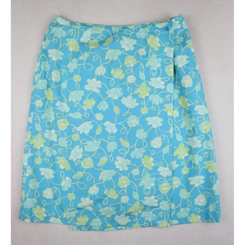 TALBOTS - WOMEN'S TURQUOISE BLUE FLORAL PRINT WRAP SKIRT - SIZE 4